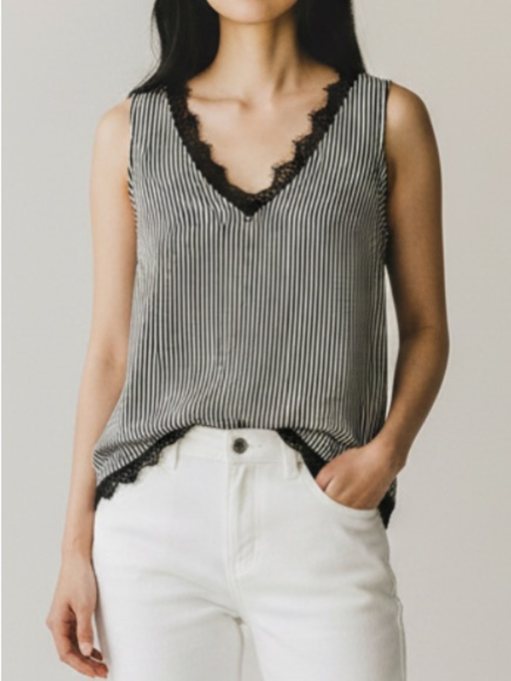 Rewind Black and White Striped V‑Neck Cold‑Shoulder Tank with Lace Trim